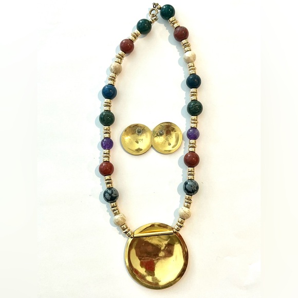 Vintage Carlton Ridge Sutton Hoo Gold and Multicolor Beaded Necklace Earring Set - Picture 3 of 3